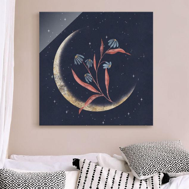 Glass prints spiritual Crescent Moon and Marguerites