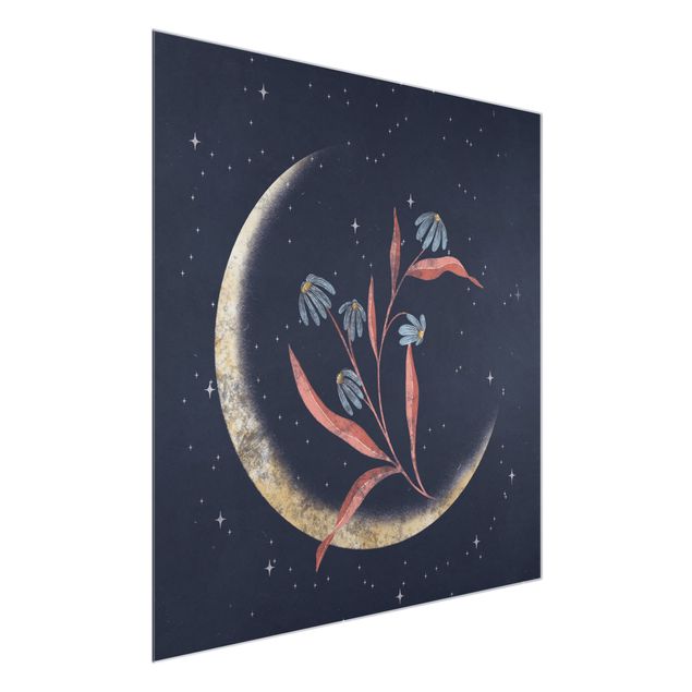 Navy wall art Crescent Moon and Marguerites