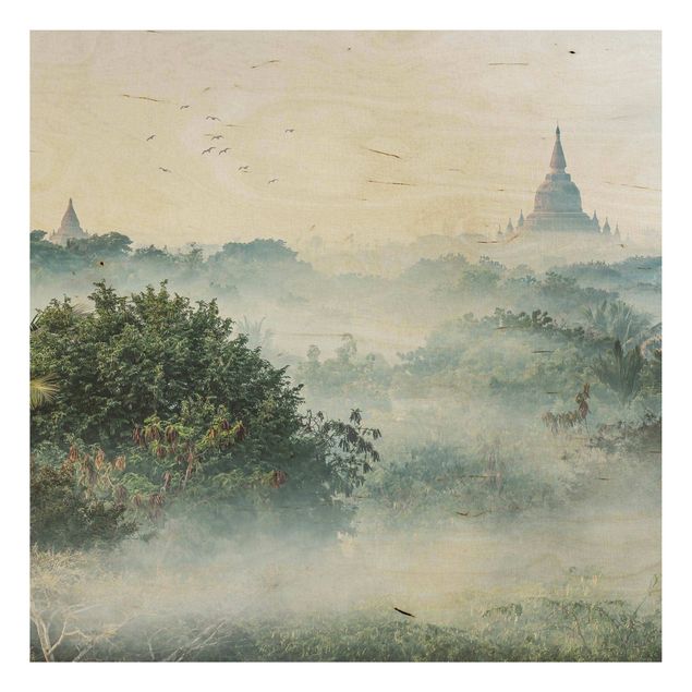 Wood prints landscape Morning Fog Over The Jungle Of Bagan