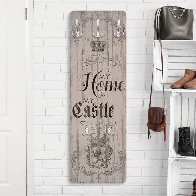 Wall mounted coat rack wood My Home is my Castle