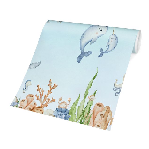 Modern wallpaper designs Narwhal family with friends