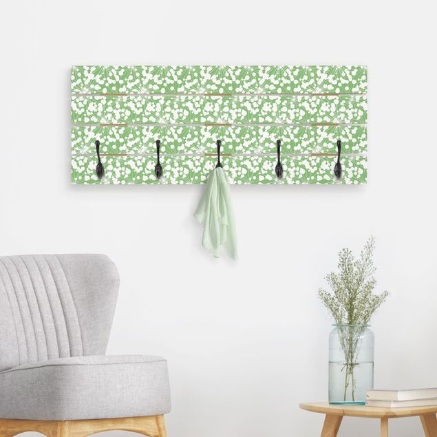 Wooden wall mounted coat rack Natural Pattern Dandelion With Dots In Front Of Green
