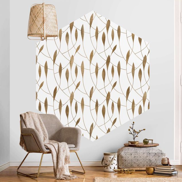 Hexagonal wall mural Natural Pattern Sweeping Leaves In Gold