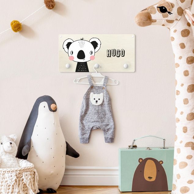 Wall mounted coat rack black and white Cute Grinning Koala With Customised Name