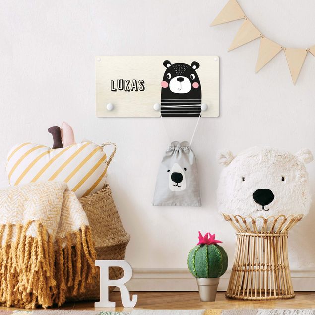 Wall mounted coat rack black and white Cute Striped Bear With Customised Name
