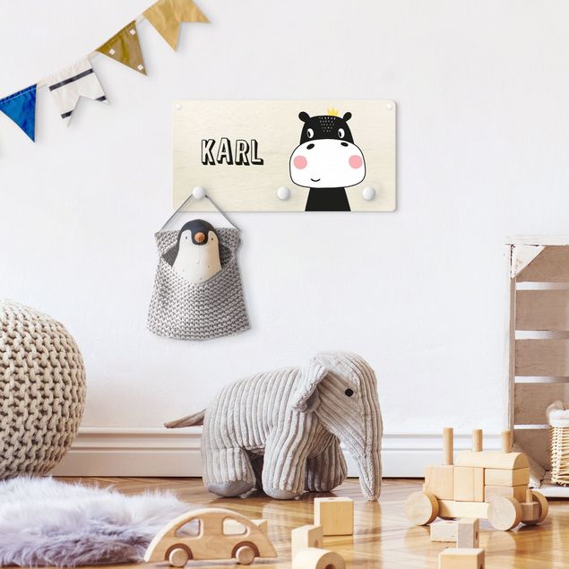 Wall mounted coat rack black and white Cute Crowned Hippo With Customised Name