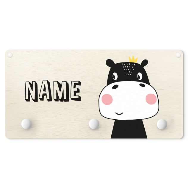 Wall mounted coat rack animals Cute Crowned Hippo With Customised Name