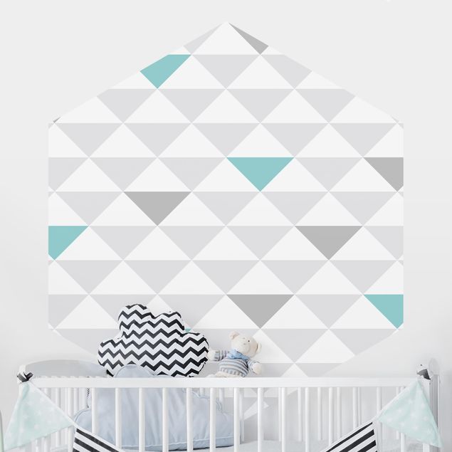 Wallpapers geometric No.YK64 Triangles Gray White Turquoise