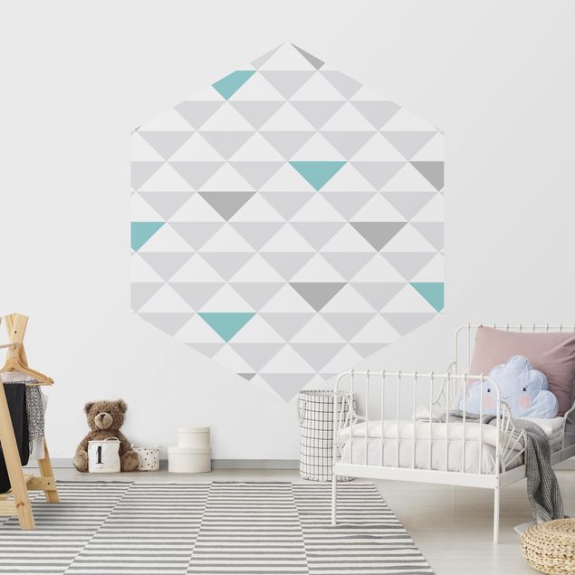 Wallpapers patterns No.YK64 Triangles Gray White Turquoise