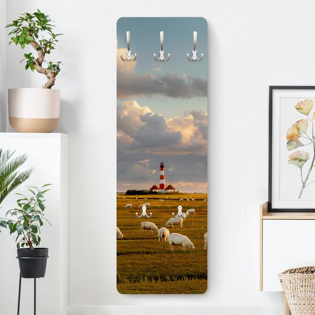 Wall mounted coat rack landscape North Sea Lighthouse With Flock Of Sheep