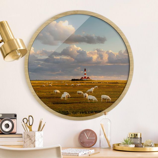 Framed beach wall art North Sea Lighthouse With Flock Of Sheep