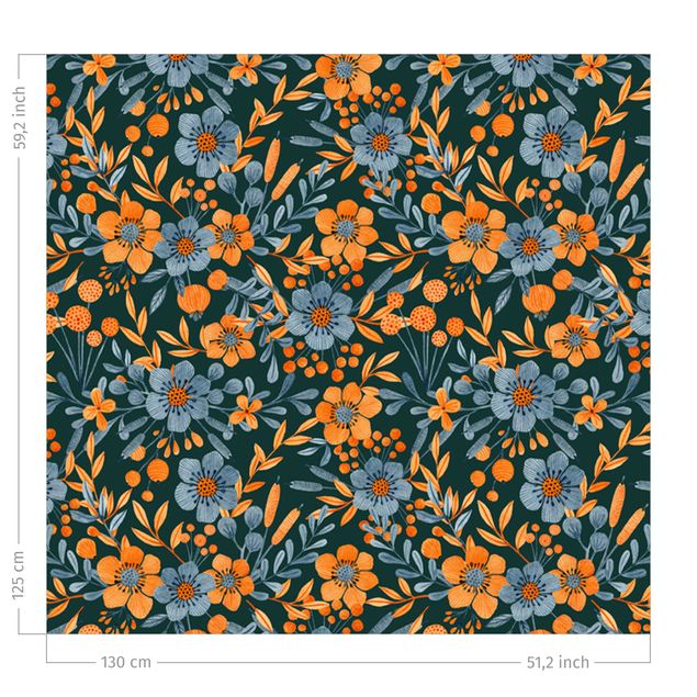 Modern Curtains Orange Blue Flowers On Dark Teal
