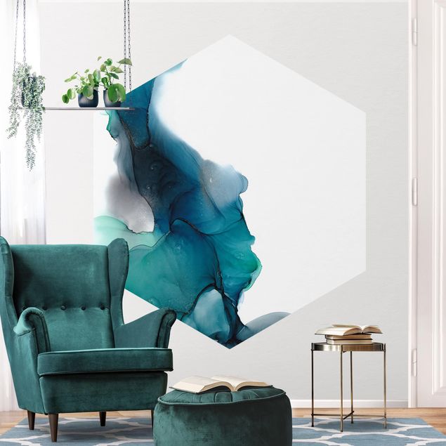 Hexagonal wall mural Drops Of Ocean Tourquoise With Gold
