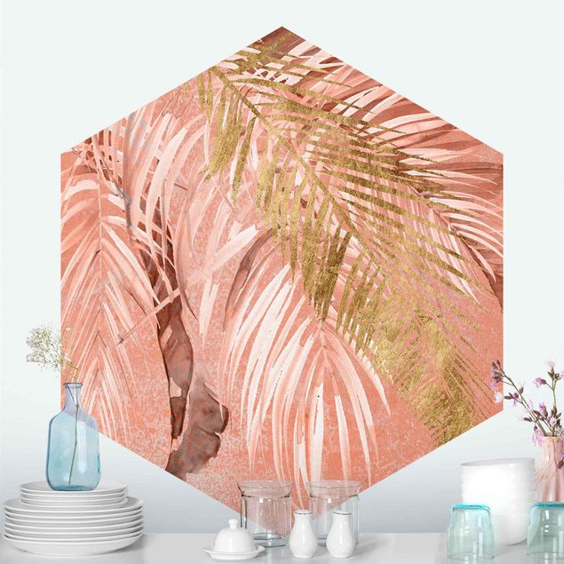Floral wallpaper Palm Fronds In Pink And Gold II