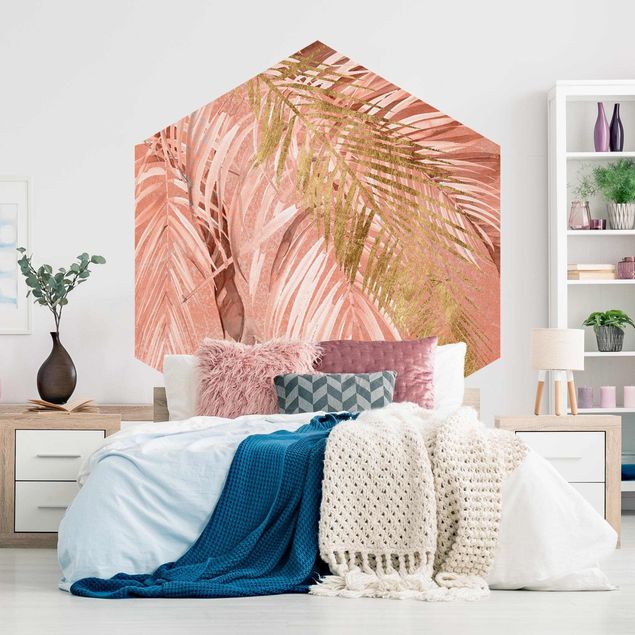 Hexagonal wall mural Palm Fronds In Pink And Gold II