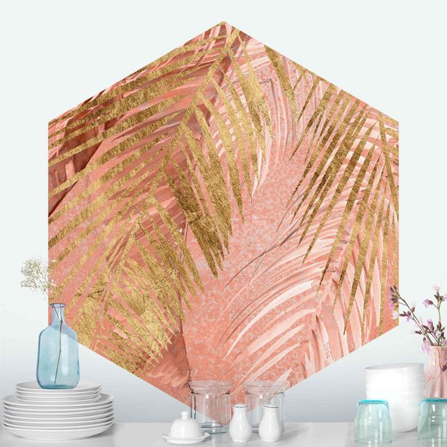 Floral wallpaper Palm Fronds In Pink And Gold III