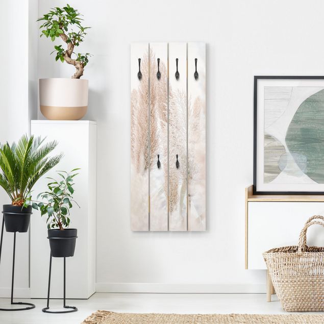 Wooden wall mounted coat rack Pampas Grass In White Light