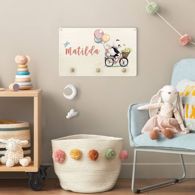 Wall mounted coat rack sayings & quotes Panda On Flower Bicycle With Customised Name