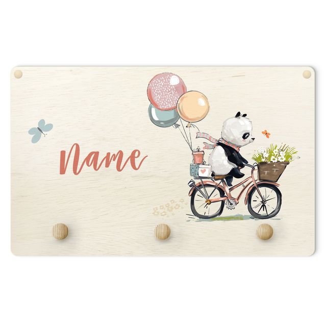 Wall mounted coat rack multicoloured Panda On Flower Bicycle With Customised Name