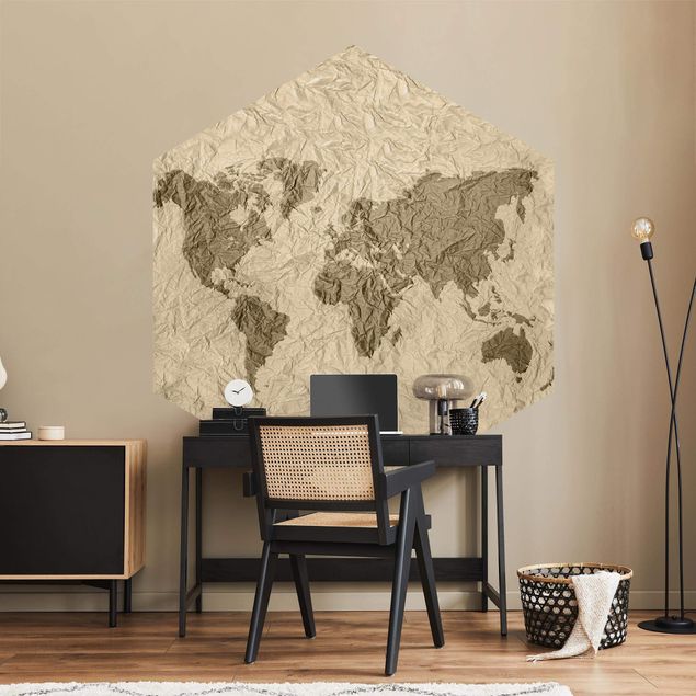 Self-adhesive hexagonal wall mural Paper World Map Beige Brown
