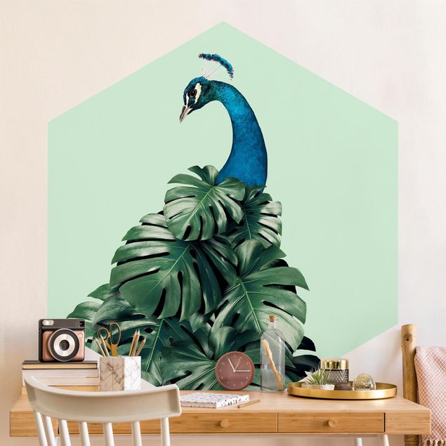 Wallpapers birds Peacock With Monstera Leaves