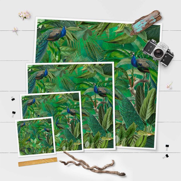 Green canvas wall art Peacocks In The Jungle