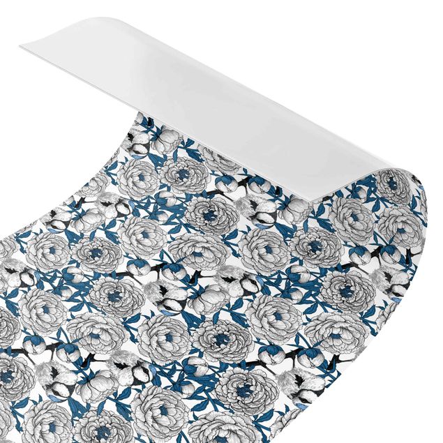Film adhesive Peonies And Tomtits In White And Blue