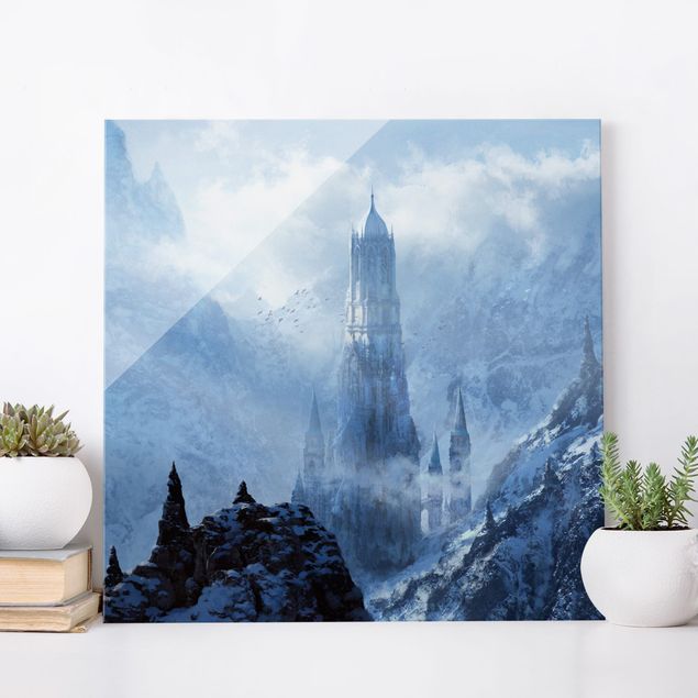 Glass prints mountain Fantasy Castle In Snowy Landscape