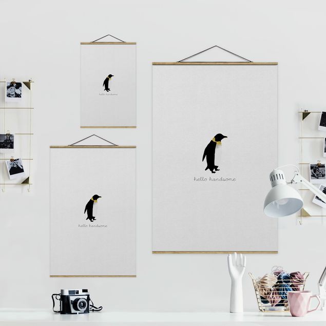 Fabric print with posters hangers Penguin Quote Hello Handsome