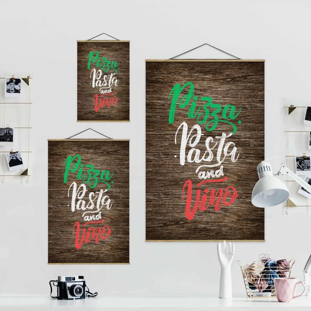 Fabric print with posters hangers Pizza Pasta and Vino On Wooden Board