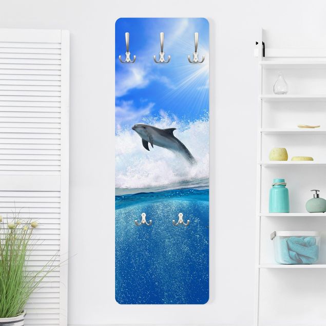 Wall mounted coat rack landscape Playing Dolphins
