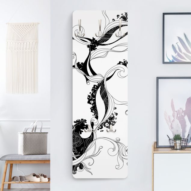 Wall mounted coat rack black and white Tendril In Ink