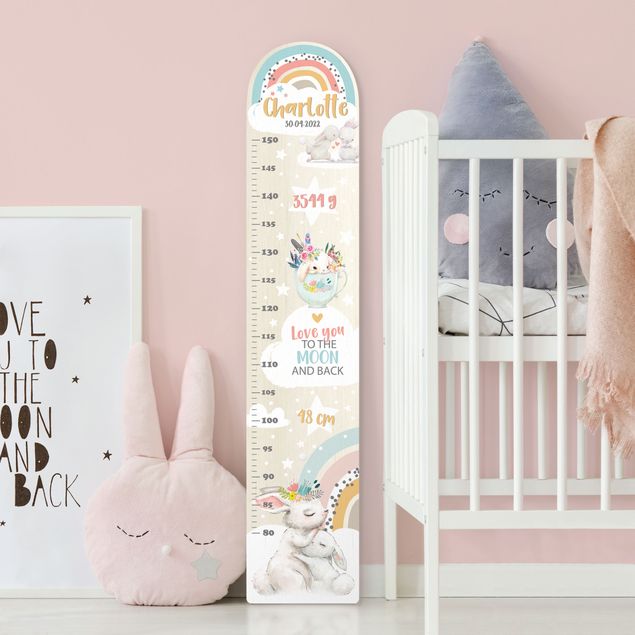 Wooden height chart Rainbow rabbits to the moon with custom name