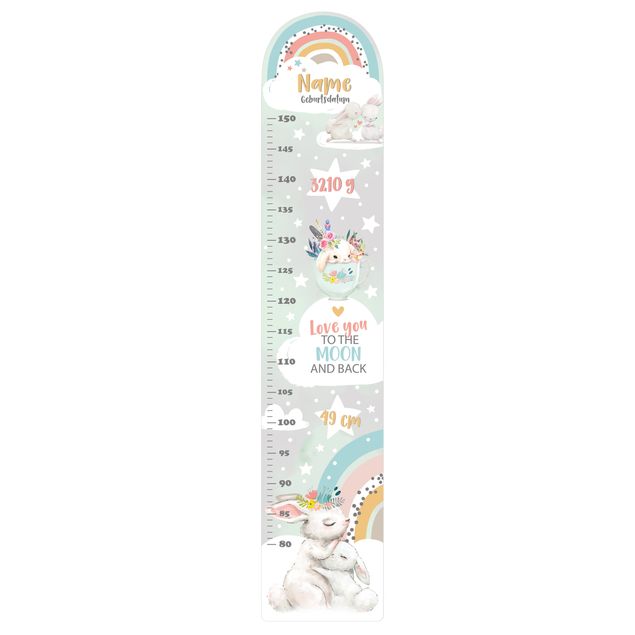 Wall stickers height measure bar Rainbow rabbits to the moon with custom name