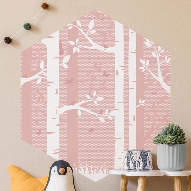Nursery decoration Pink Birch Forest With Butterflies And Birds