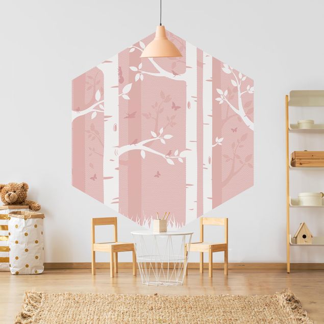 Wallpapers animals Pink Birch Forest With Butterflies And Birds