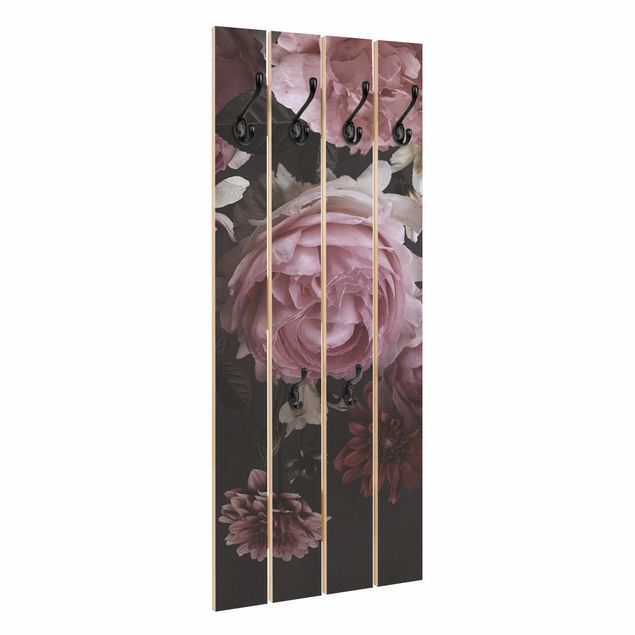 Wooden coat rack - Pink Flowers On Black Vintage