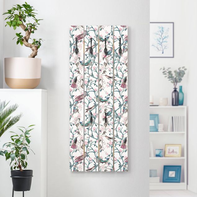 Wooden wall mounted coat rack Light Pink Morning Glories With Birds In Blue