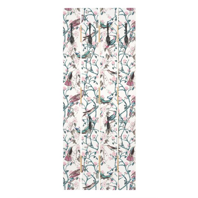 Coat rack blue Light Pink Morning Glories With Birds In Blue