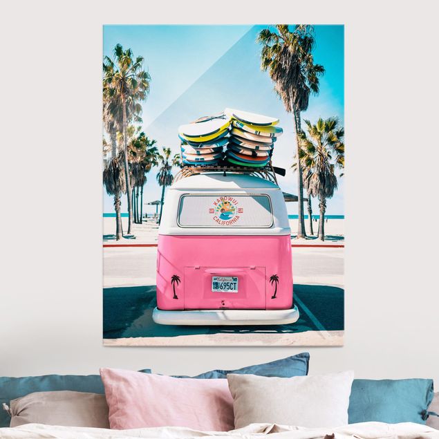 Landscape canvas prints Pink VW Bus With Surfboards