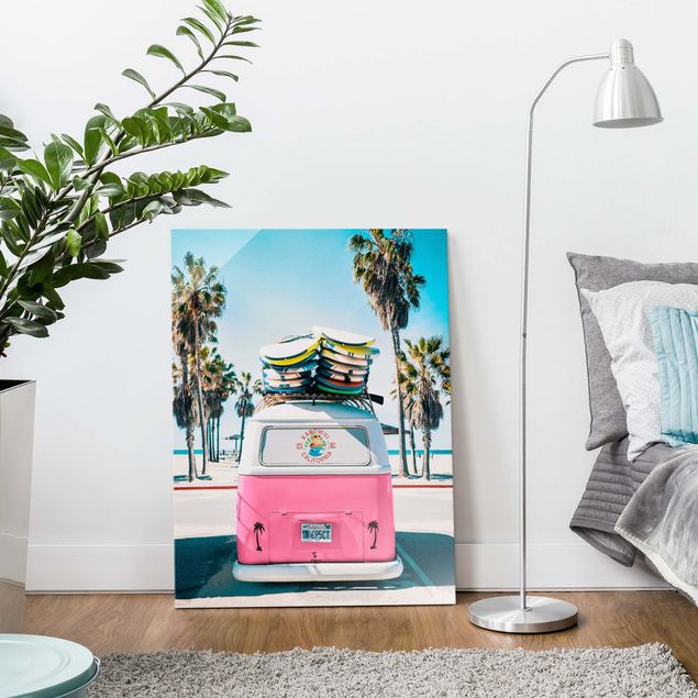 Beach canvas art Pink VW Bus With Surfboards