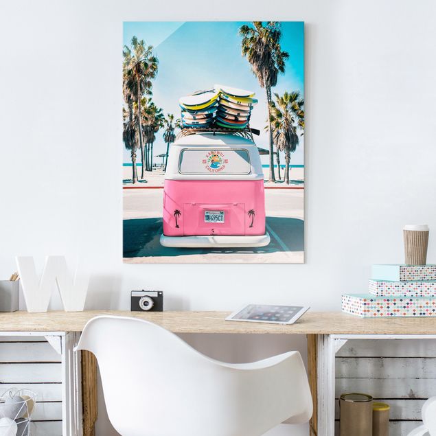 Sea life prints Pink VW Bus With Surfboards