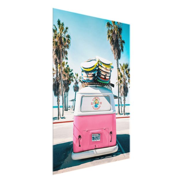 Glass prints landscape Pink VW Bus With Surfboards