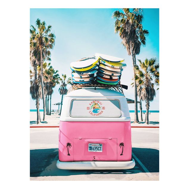 Glass prints beach Pink VW Bus With Surfboards