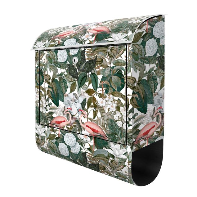 Green post box Pink Flamingos With Leaves And White Flowers