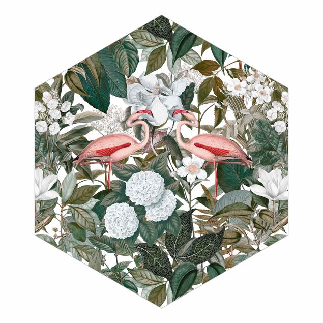 Aesthetic vintage wallpaper Pink Flamingos With Leaves And White Flowers