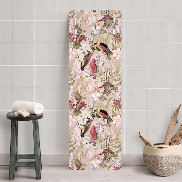 Wall mounted coat rack flower Pink Pastel Birds With Flowers