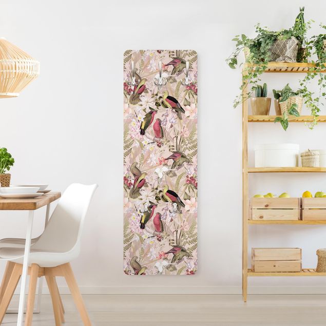 Wall mounted coat rack animals Pink Pastel Birds With Flowers