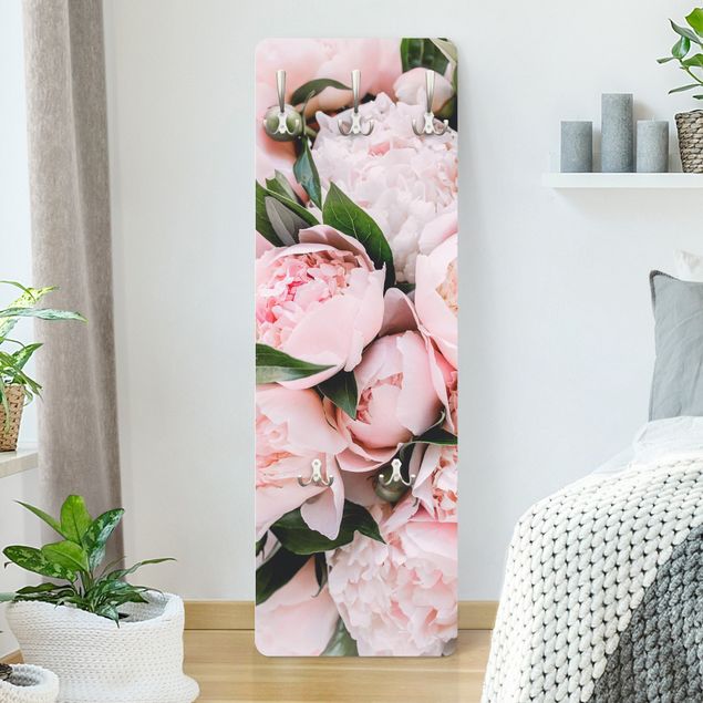 Wall mounted coat rack flower Pink Peonies With Leaves