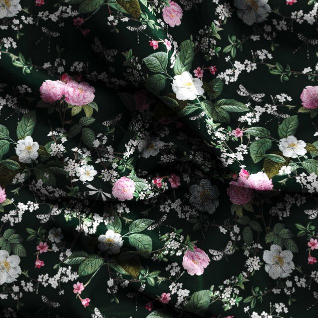 floral curtains Roses And Butterflies On Dark Green